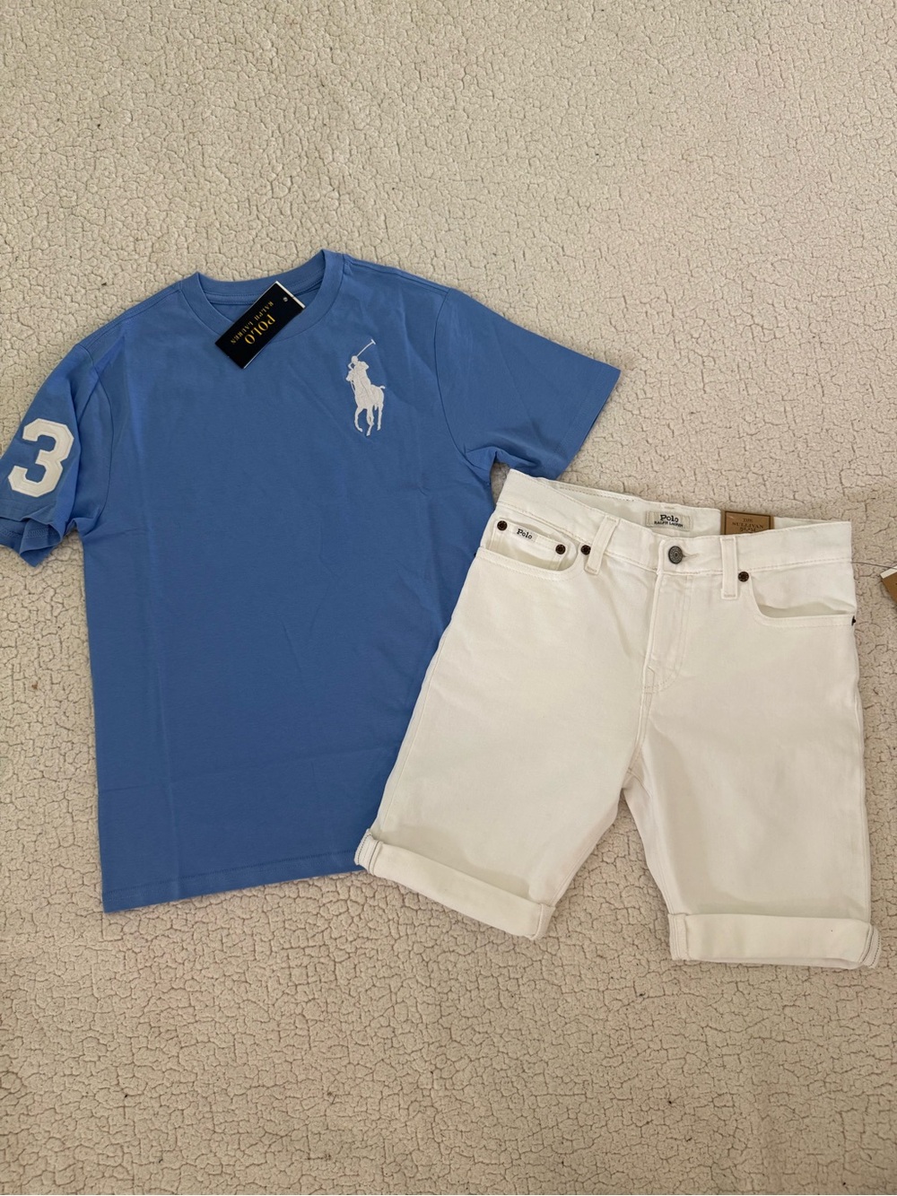 New boys Sz M 12 Polo Ralph Lauren Blue shirt with White Logo & White Shorts